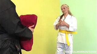 after a hard fuck Sara Vandella licks her Karate masters cum in the floor - Hardcore sex video - Tub porn video